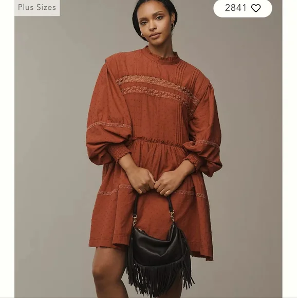 Anthroropologie BOHO Pilcro LongSleeve Mock-Neck Swing Orange Mini Midi Dress 2X - Picture 7 of 13